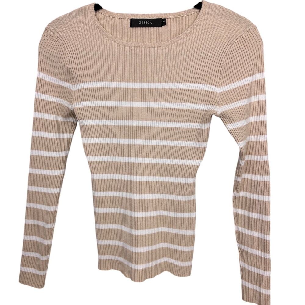 Zesica Y2K Preppy French Girl Striped Ribbed Crew Neck Long Sleeve Knit Top  S